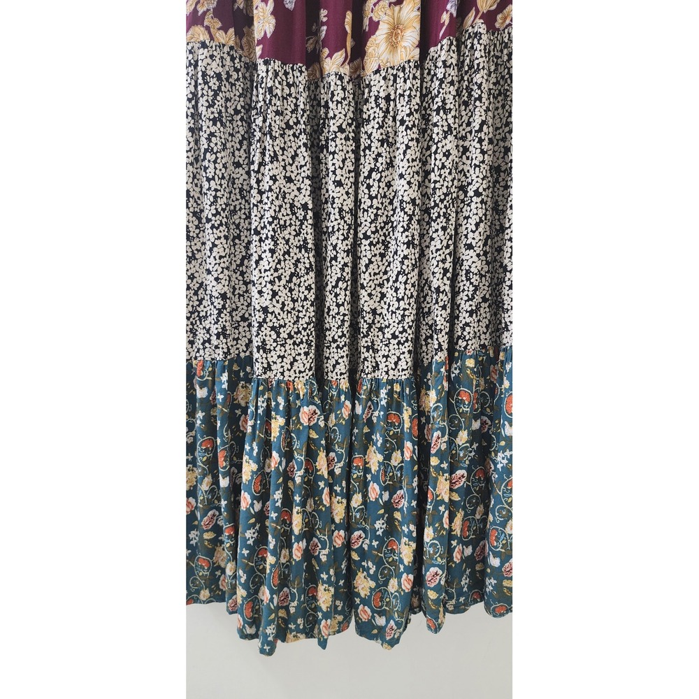 Natural Life Mixed Floral Tiered Maxi Skirt Boho Smocked Rayon Burgundy Medium - Picture 2 of 7